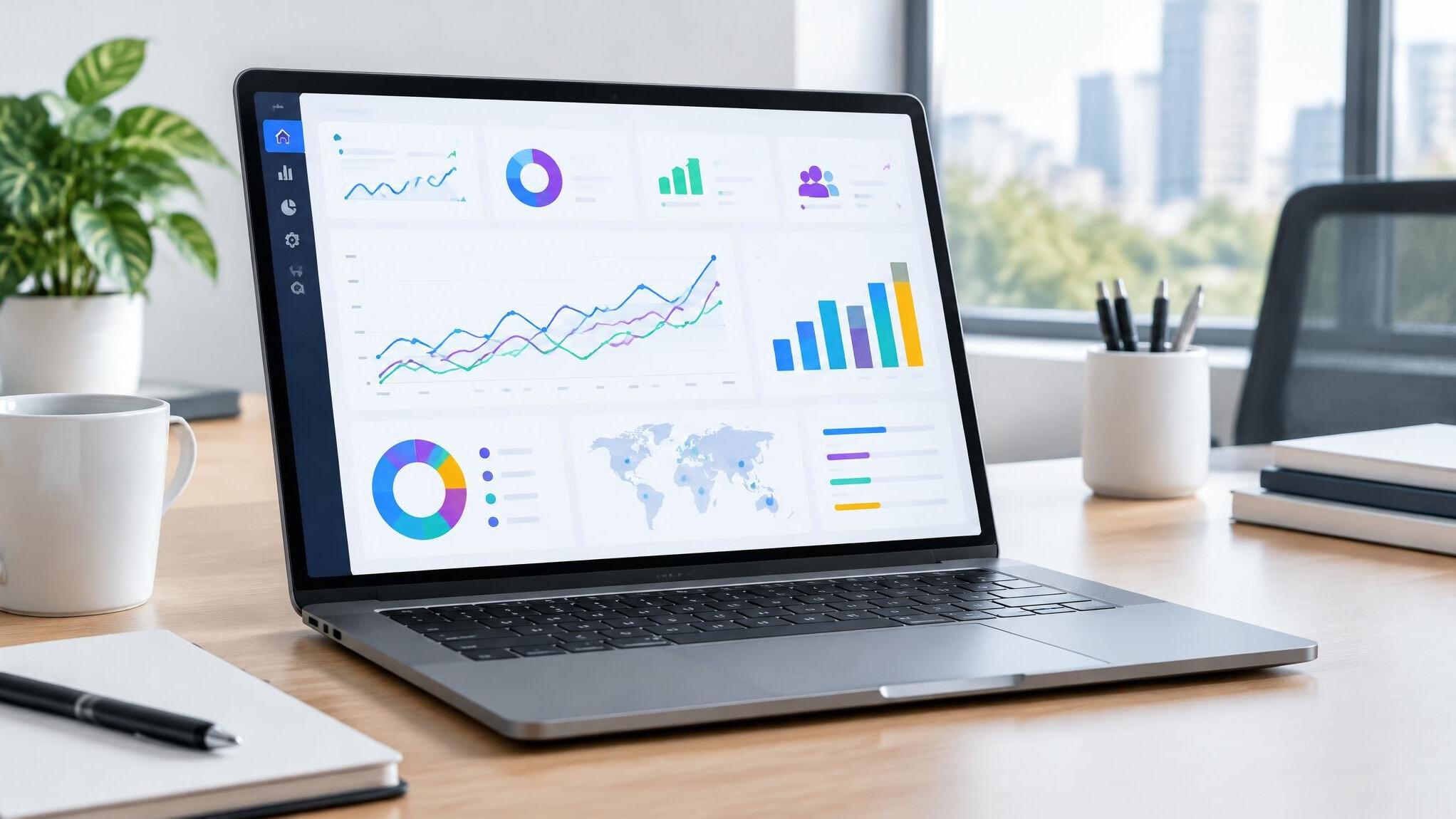 Analytics dashboard with charts on a laptop screen